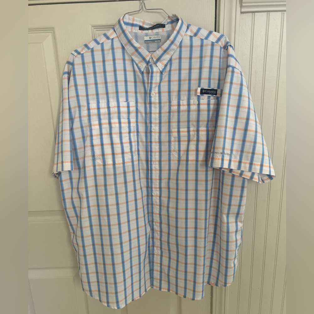 Columbia Men's Light Blue and Orange Plaid Shirt NWOT